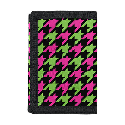 Pink And Green Houndstooth Pattern Print Trifold Wallet