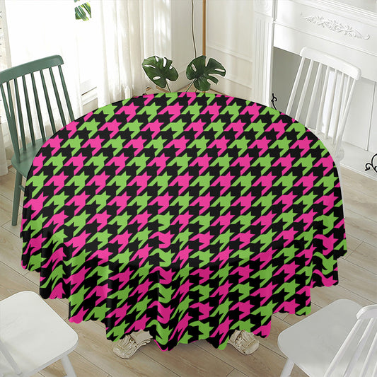 Pink And Green Houndstooth Pattern Print Waterproof Round Tablecloth