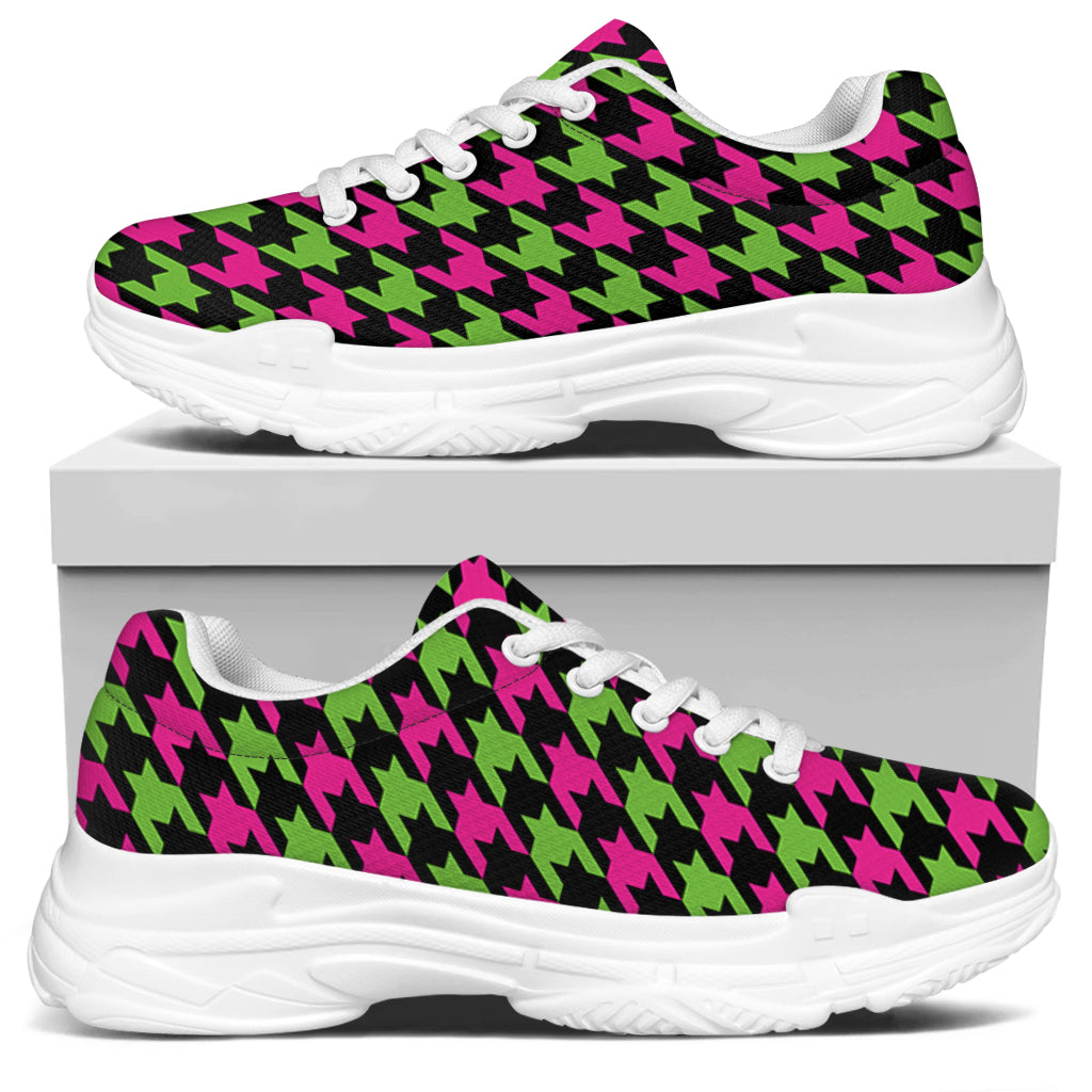 Pink And Green Houndstooth Pattern Print White Chunky Shoes