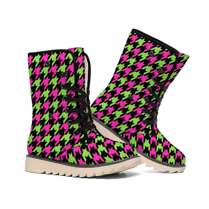 Pink And Green Houndstooth Pattern Print Winter Boots