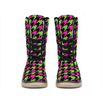 Pink And Green Houndstooth Pattern Print Winter Boots