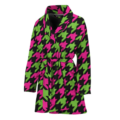 Pink And Green Houndstooth Pattern Print Women's Bathrobe