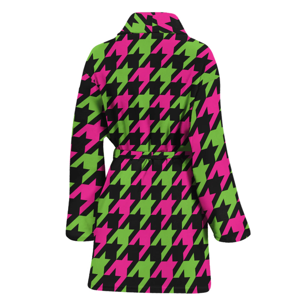 Pink And Green Houndstooth Pattern Print Women's Bathrobe