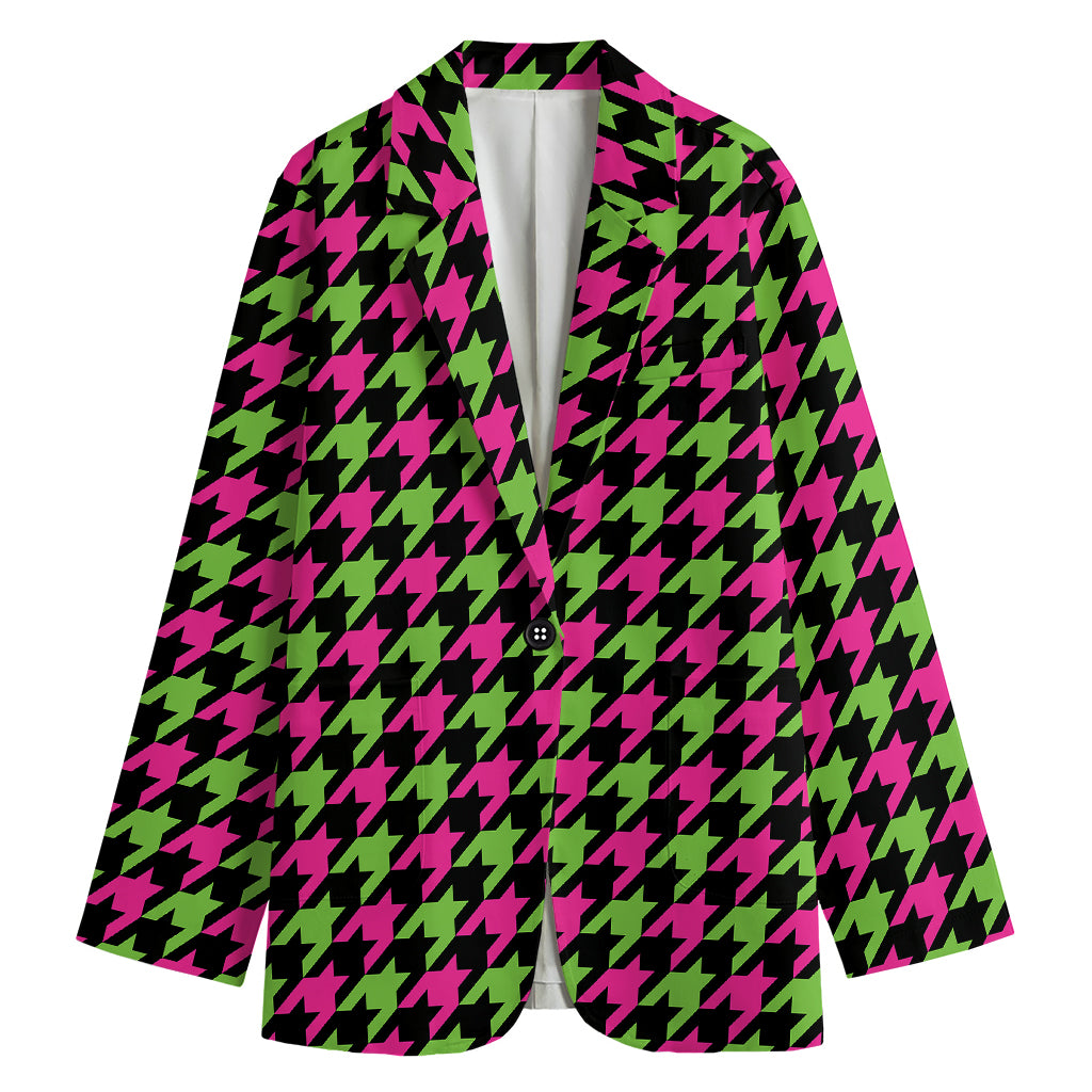 Pink And Green Houndstooth Pattern Print Women's Blazer