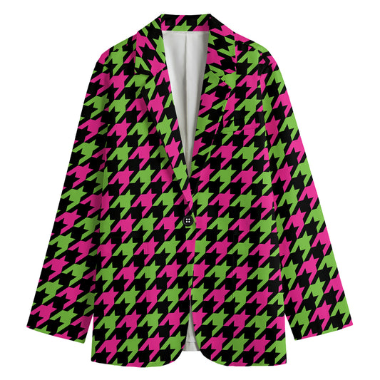 Pink And Green Houndstooth Pattern Print Women's Blazer