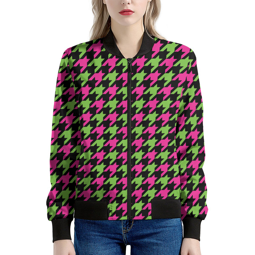 Pink And Green Houndstooth Pattern Print Women's Bomber Jacket