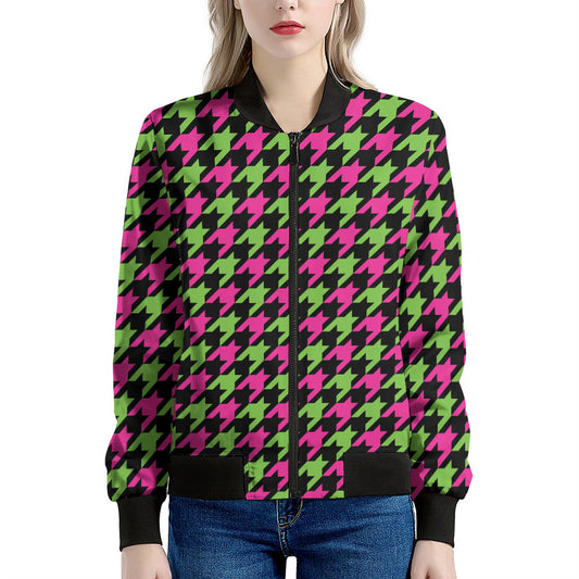 Pink And Green Houndstooth Pattern Print Women's Bomber Jacket