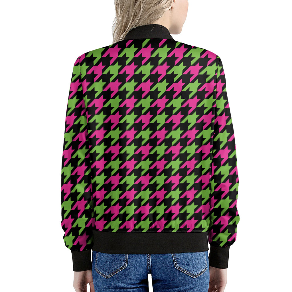 Pink And Green Houndstooth Pattern Print Women's Bomber Jacket