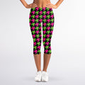 Pink And Green Houndstooth Pattern Print Women's Capri Leggings