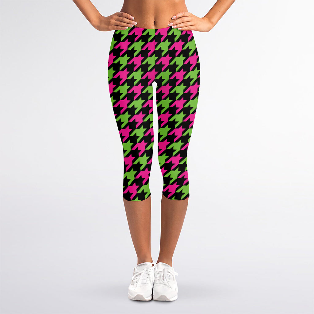 Pink And Green Houndstooth Pattern Print Women's Capri Leggings