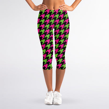 Pink And Green Houndstooth Pattern Print Women's Capri Leggings