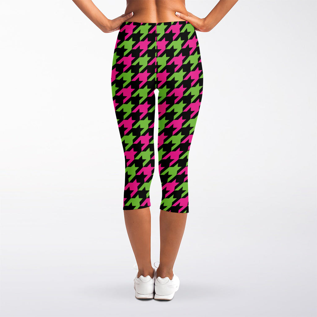 Pink And Green Houndstooth Pattern Print Women's Capri Leggings