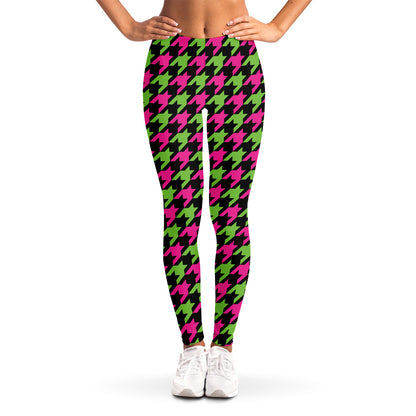 Pink And Green Houndstooth Pattern Print Women's Leggings