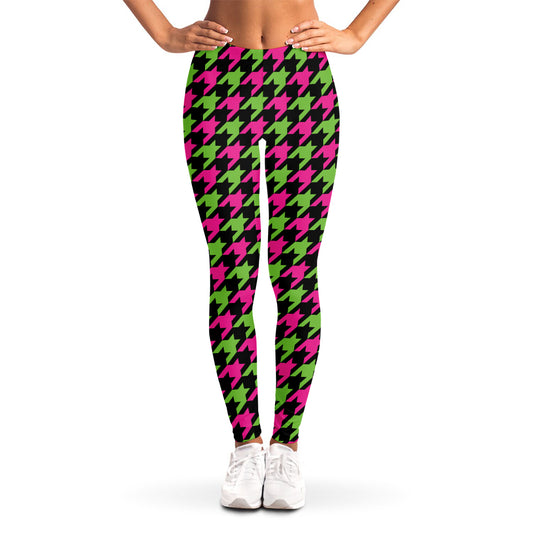 Pink And Green Houndstooth Pattern Print Women's Leggings