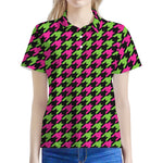 Pink And Green Houndstooth Pattern Print Women's Polo Shirt