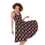 Pink And Green Houndstooth Pattern Print Women's Sleeveless Dress