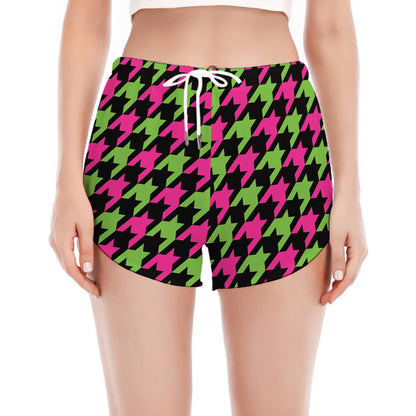 Pink And Green Houndstooth Pattern Print Women's Split Running Shorts