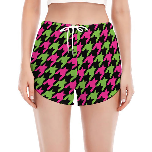 Pink And Green Houndstooth Pattern Print Women's Split Running Shorts