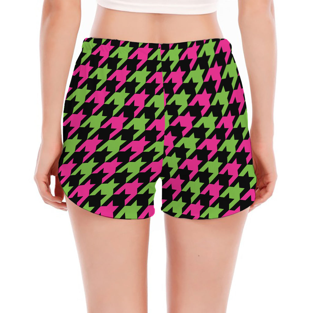 Pink And Green Houndstooth Pattern Print Women's Split Running Shorts
