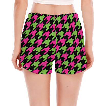 Pink And Green Houndstooth Pattern Print Women's Split Running Shorts