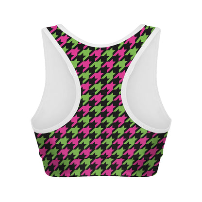 Pink And Green Houndstooth Pattern Print Women's Sports Bra