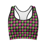 Pink And Green Houndstooth Pattern Print Women's Sports Bra