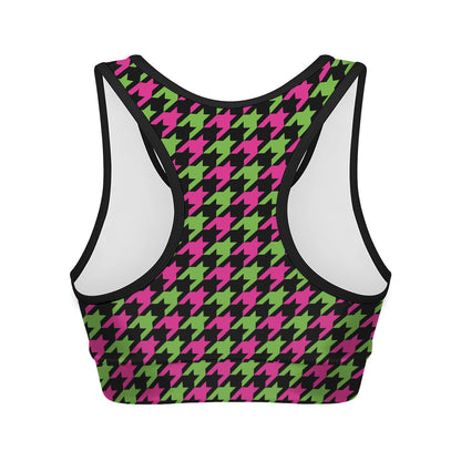 Pink And Green Houndstooth Pattern Print Women's Sports Bra