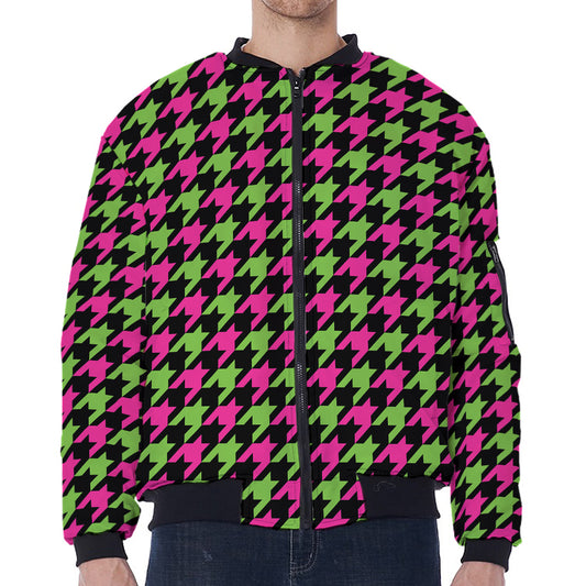 Pink And Green Houndstooth Pattern Print Zip Sleeve Bomber Jacket