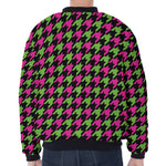 Pink And Green Houndstooth Pattern Print Zip Sleeve Bomber Jacket