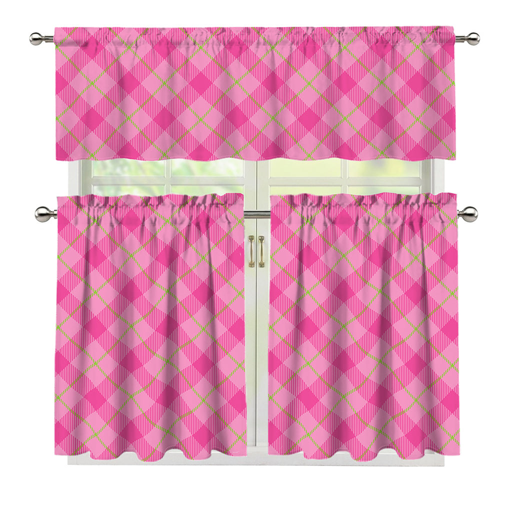 Pink And Green Plaid Pattern Print 3 Piece Kitchen Curtains