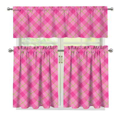 Pink And Green Plaid Pattern Print 3 Piece Kitchen Curtains