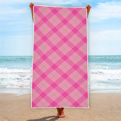 Pink And Green Plaid Pattern Print Beach Towel