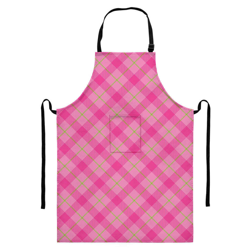 Pink And Green Plaid Pattern Print Bib Apron With Pocket