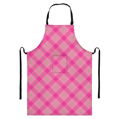 Pink And Green Plaid Pattern Print Bib Apron With Pocket