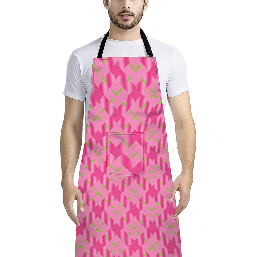Pink And Green Plaid Pattern Print Bib Apron With Pocket