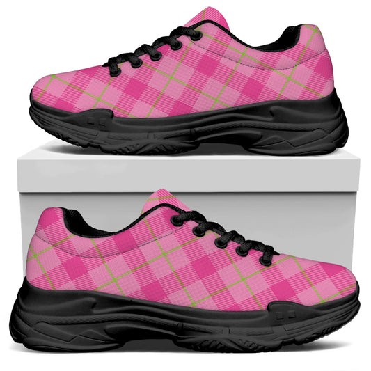 Pink And Green Plaid Pattern Print Black Chunky Shoes