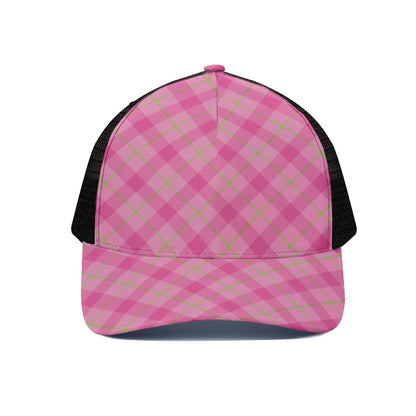 Pink And Green Plaid Pattern Print Black Mesh Trucker Cap