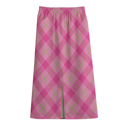 Pink And Green Plaid Pattern Print Cotton Front Slit Maxi Skirt