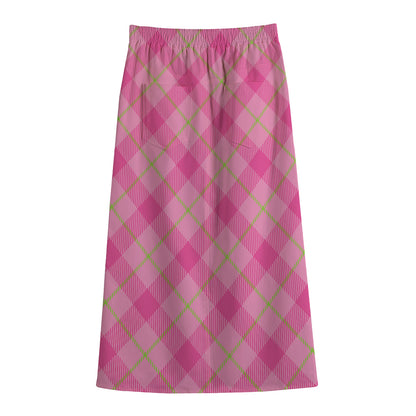 Pink And Green Plaid Pattern Print Cotton Front Slit Maxi Skirt