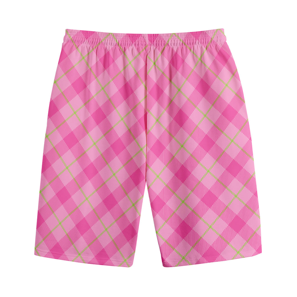 Pink And Green Plaid Pattern Print Cotton Shorts