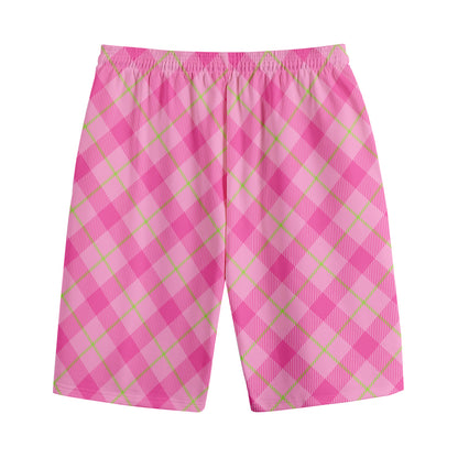 Pink And Green Plaid Pattern Print Cotton Shorts