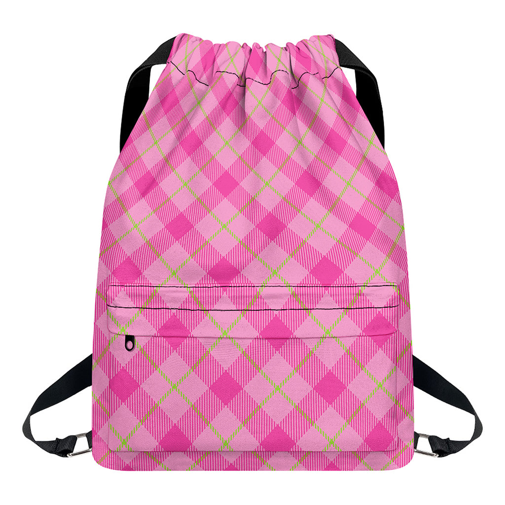 Pink And Green Plaid Pattern Print Drawstring Backpack