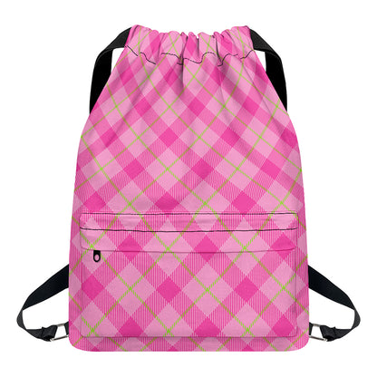 Pink And Green Plaid Pattern Print Drawstring Backpack