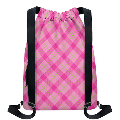 Pink And Green Plaid Pattern Print Drawstring Backpack