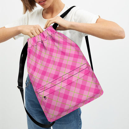 Pink And Green Plaid Pattern Print Drawstring Backpack