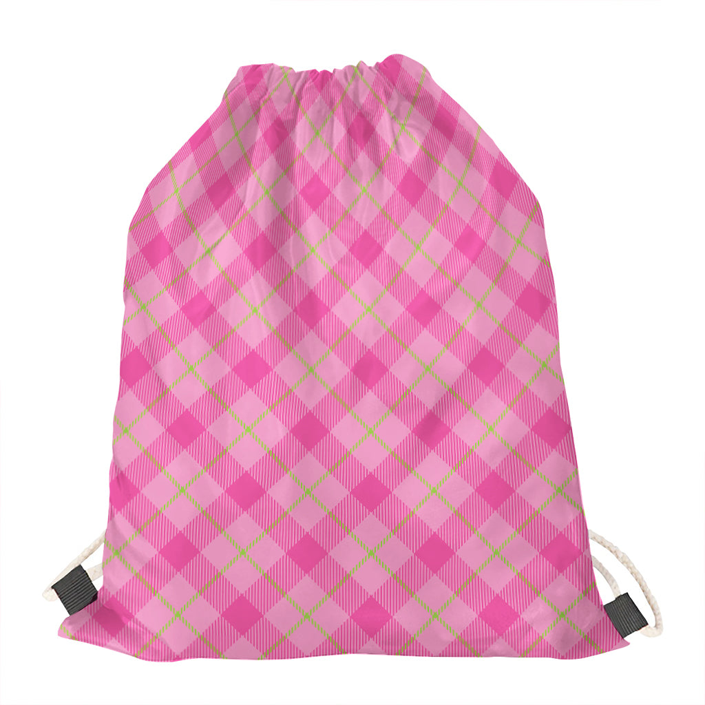 Pink And Green Plaid Pattern Print Drawstring Bag