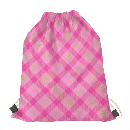 Pink And Green Plaid Pattern Print Drawstring Bag