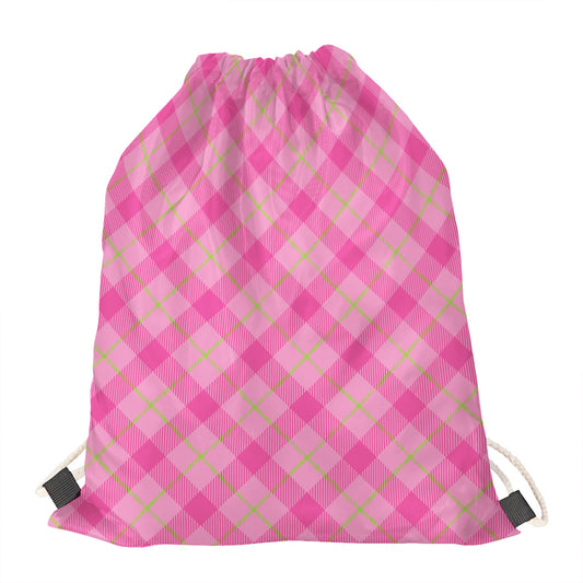 Pink And Green Plaid Pattern Print Drawstring Bag