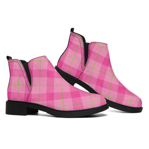 Pink And Green Plaid Pattern Print Flat Ankle Boots