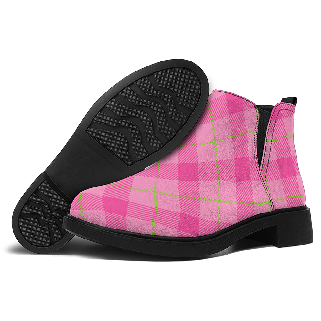 Pink And Green Plaid Pattern Print Flat Ankle Boots